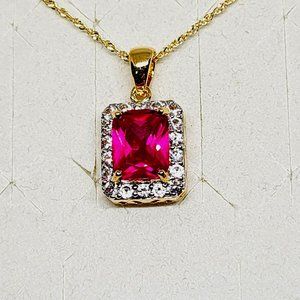 Lab Created Ruby and White Zircon Pendant Necklace 18 Inches in 14K YG Over SS